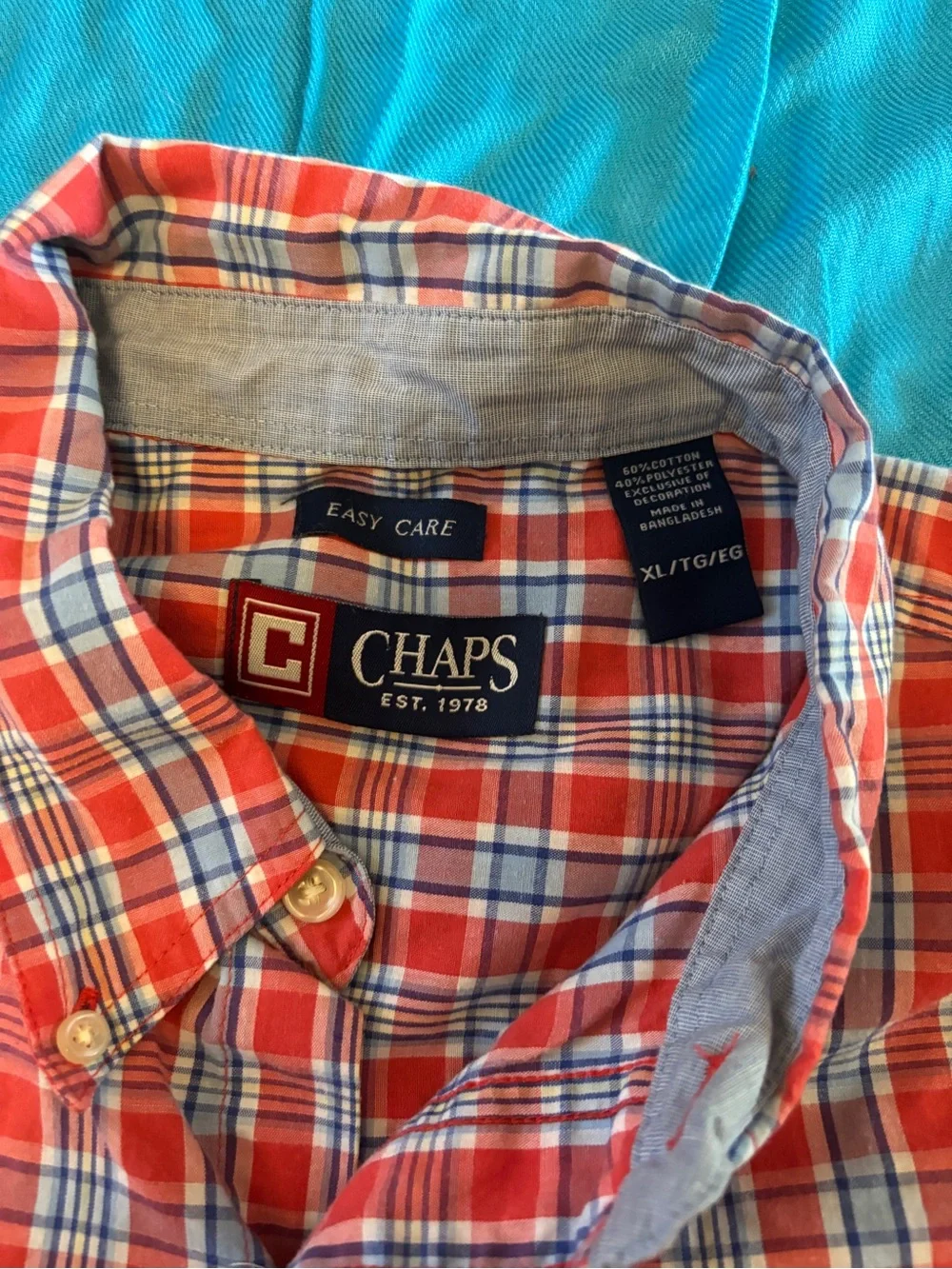 Chaps Men's Red Plaid Short-Sleeve Button-Down Shirt with Blue and White Accents